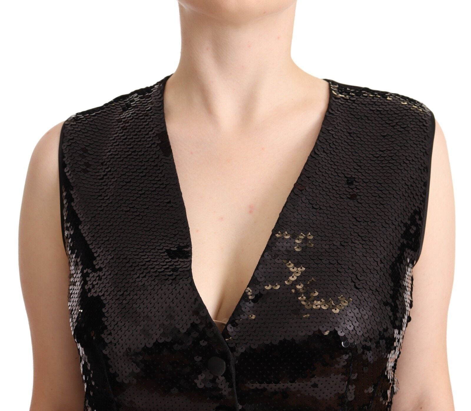 Black Sequin V-Neck Sleeveless Vest Tank Top