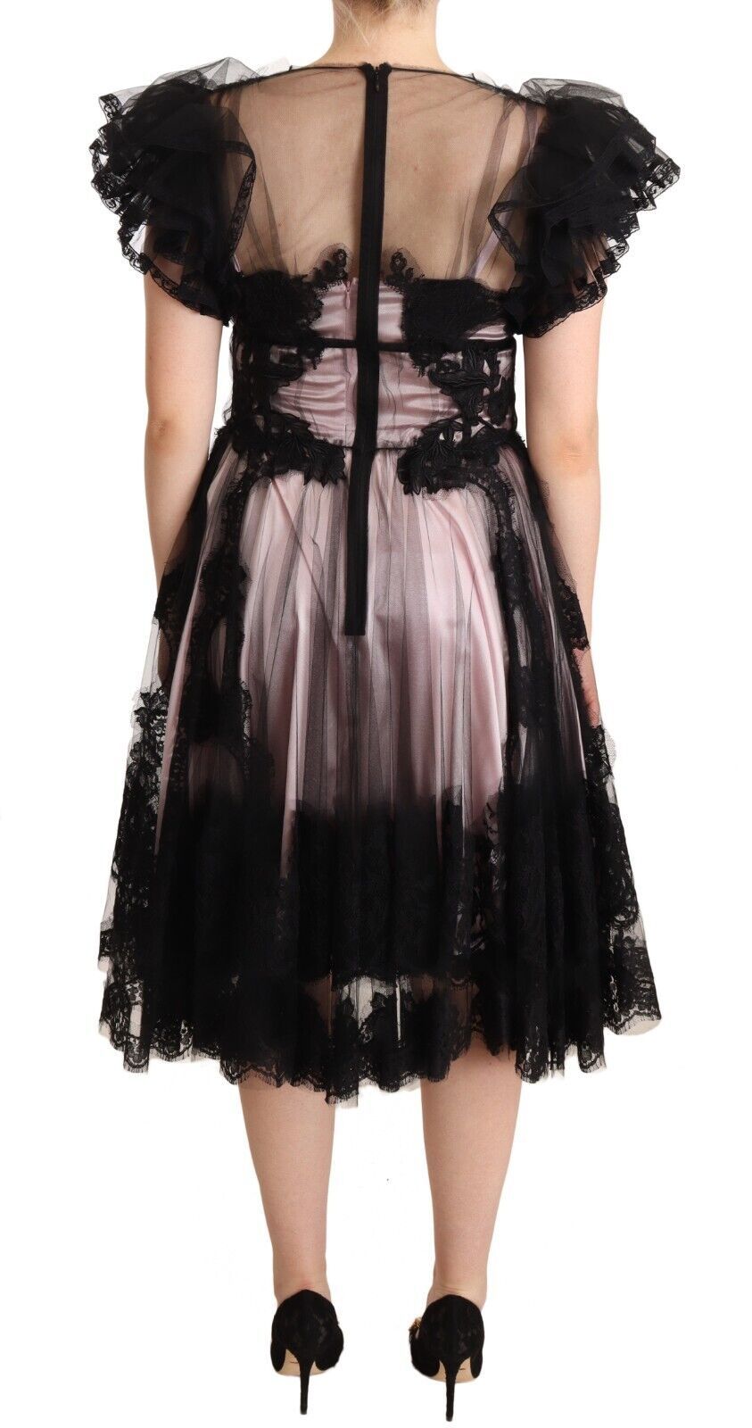 Black Pink Floral Lace A-line Midi Sheer Dress