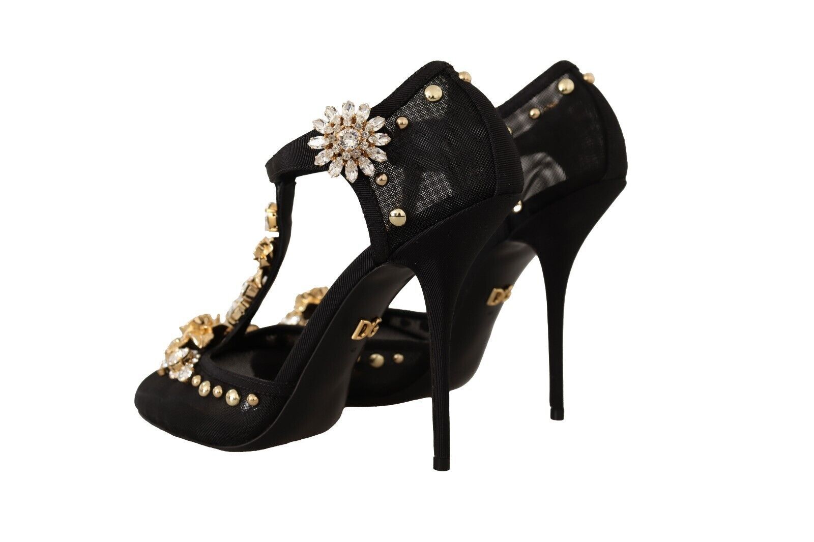 Black Mesh Crystals T-strap Heels Pumps Shoes