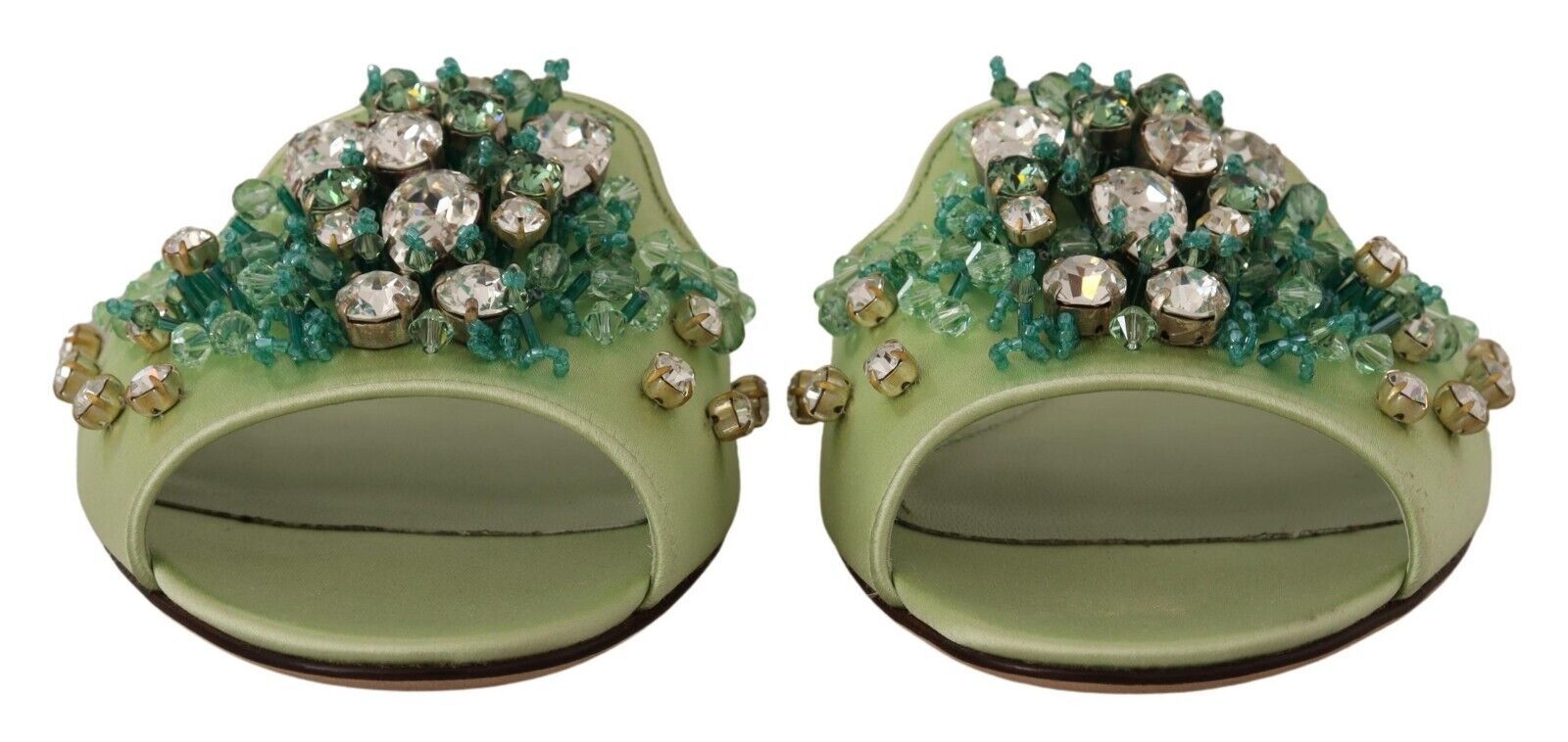 Green Leather Crystals Slides Women Flats Shoes