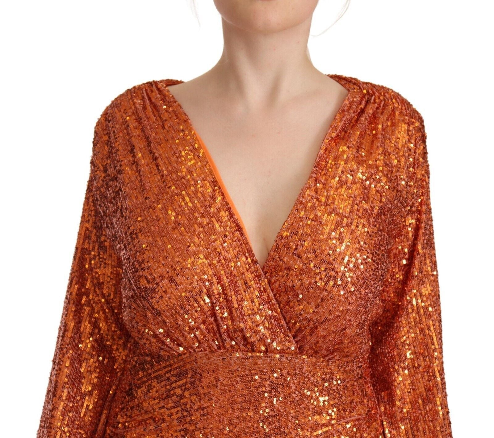 Orange Sequined Long Sleeves Mini Sheath Wrap Dress