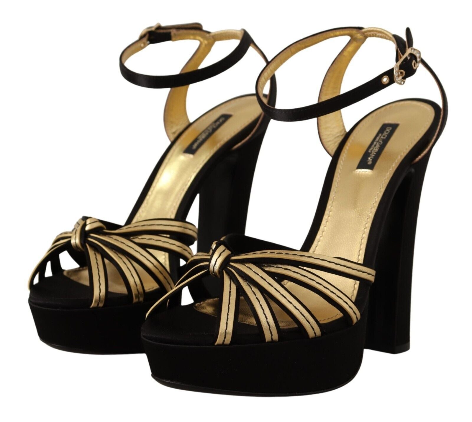 Black Gold Viscose Ankle Strap Heels Sandals Shoes