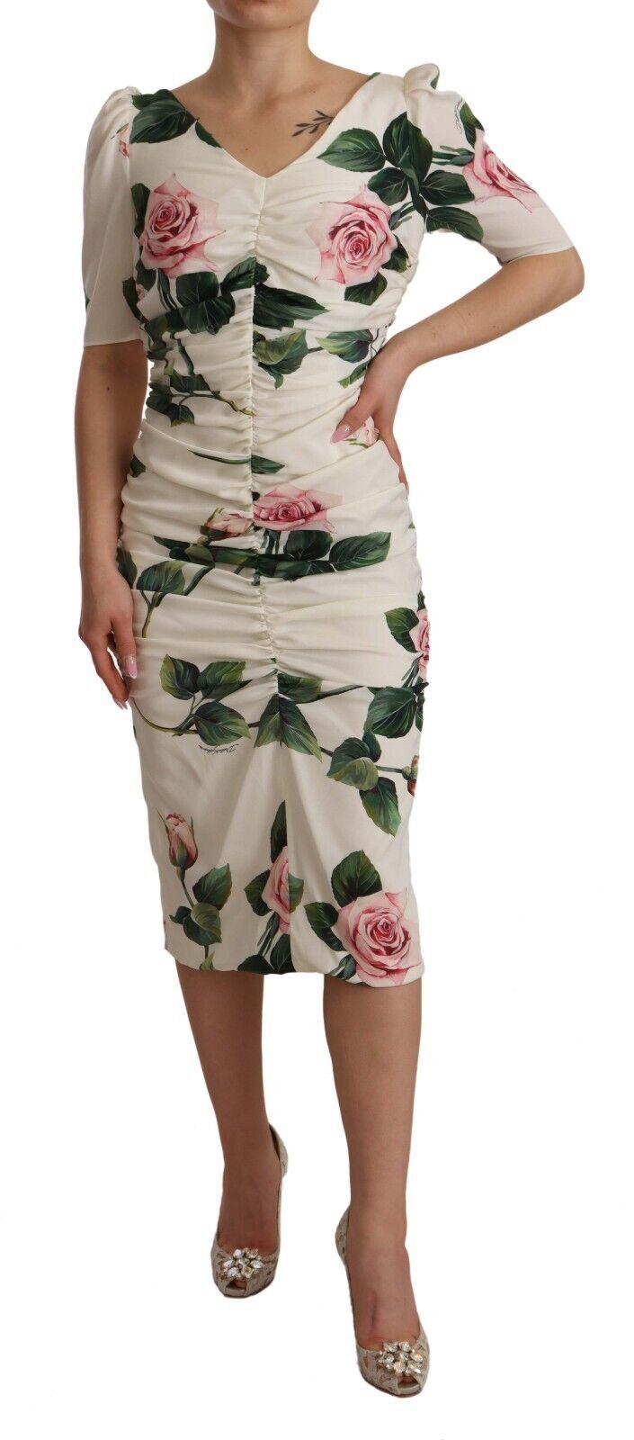 White Roses Print Stretch Silk Pleated Dress