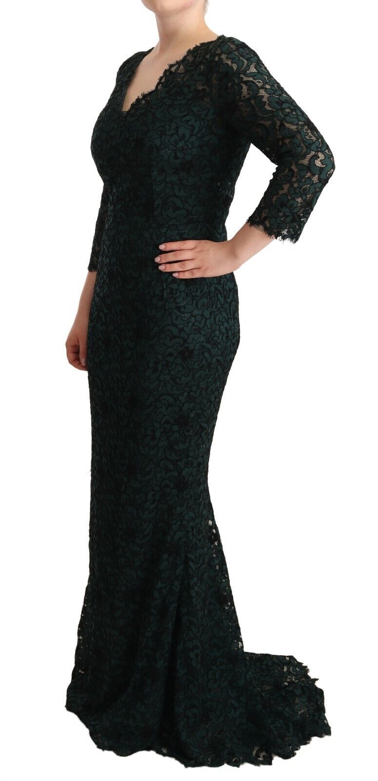 Green Floral Lace Maxi Floor Length Dress