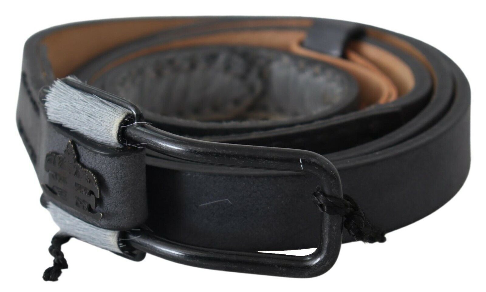 Black Leather Fringes Logo Buckle Belt