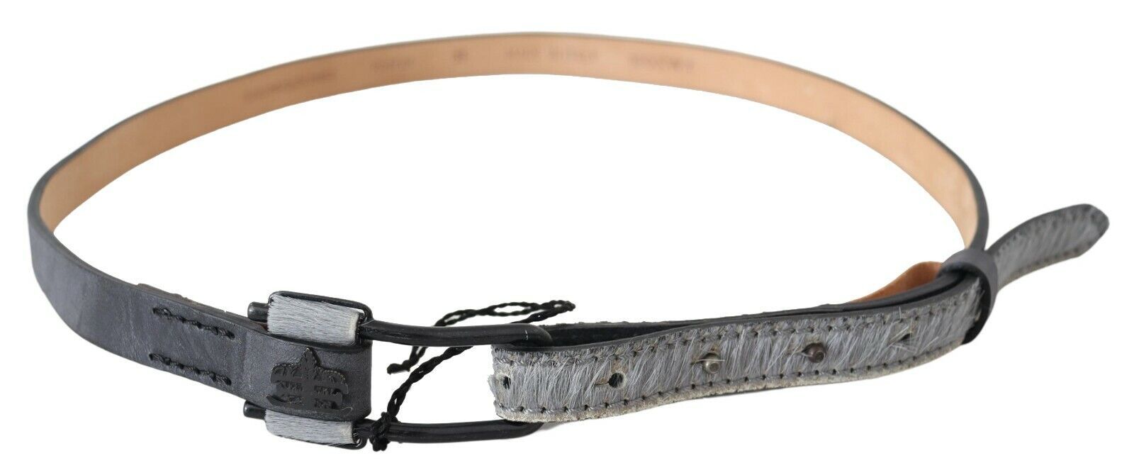 Black Leather Fringes Logo Buckle Belt