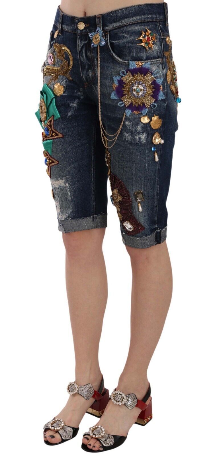 Blue Denim Mid Waist Crystal Capri Shorts