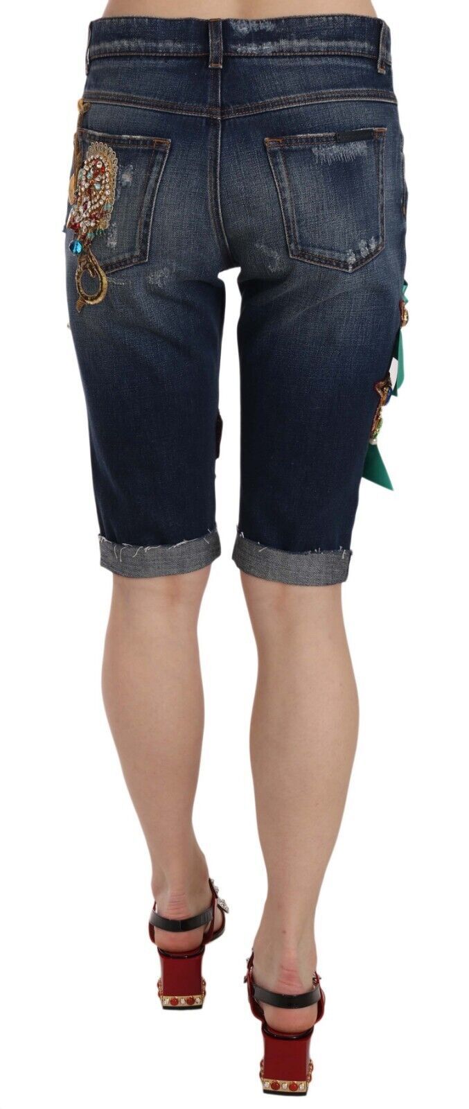 Blue Denim Mid Waist Crystal Capri Shorts