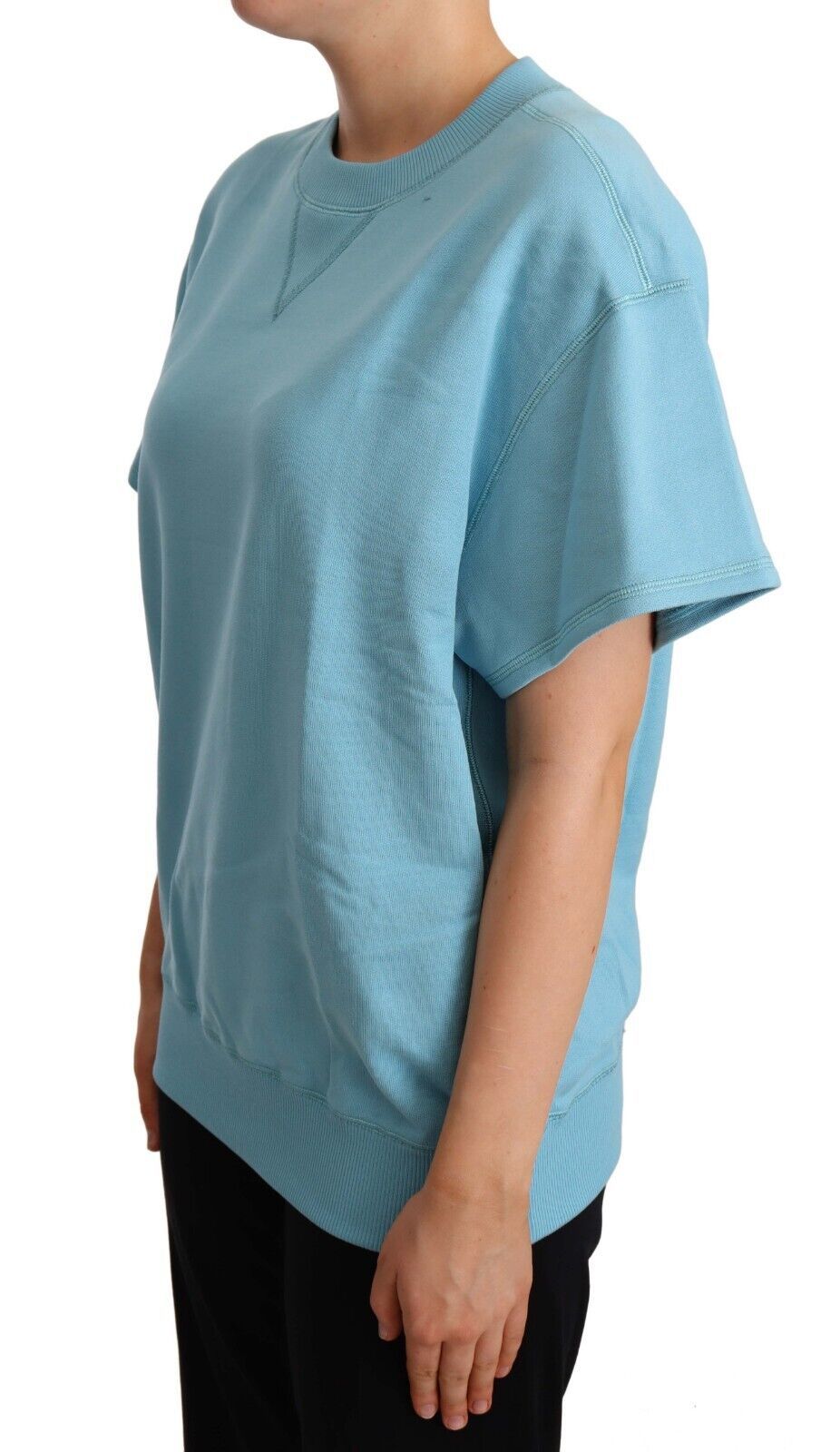 Blue Cotton Short Sleeves Crew Neck Top