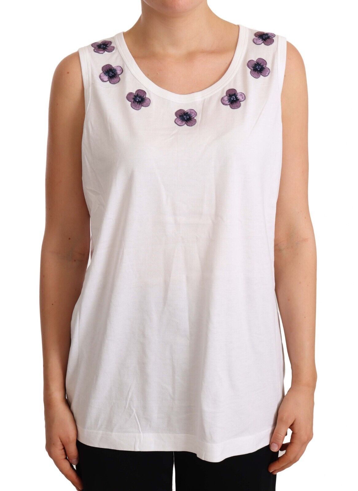 White Cotton Floral Embroidery Tank T-shirt Top