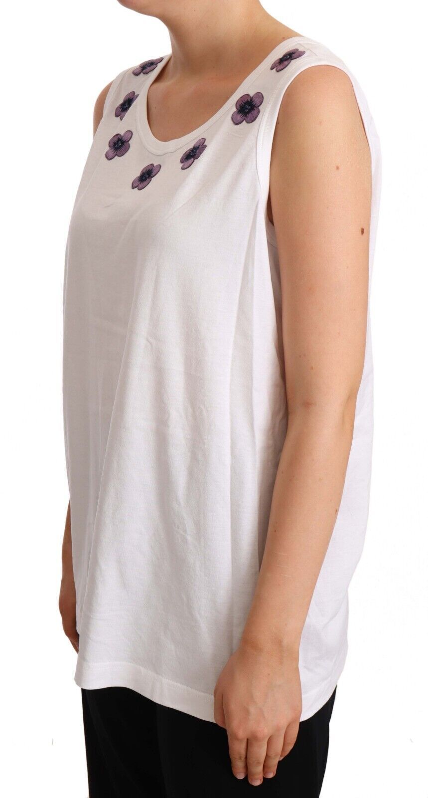 White Cotton Floral Embroidery Tank T-shirt Top