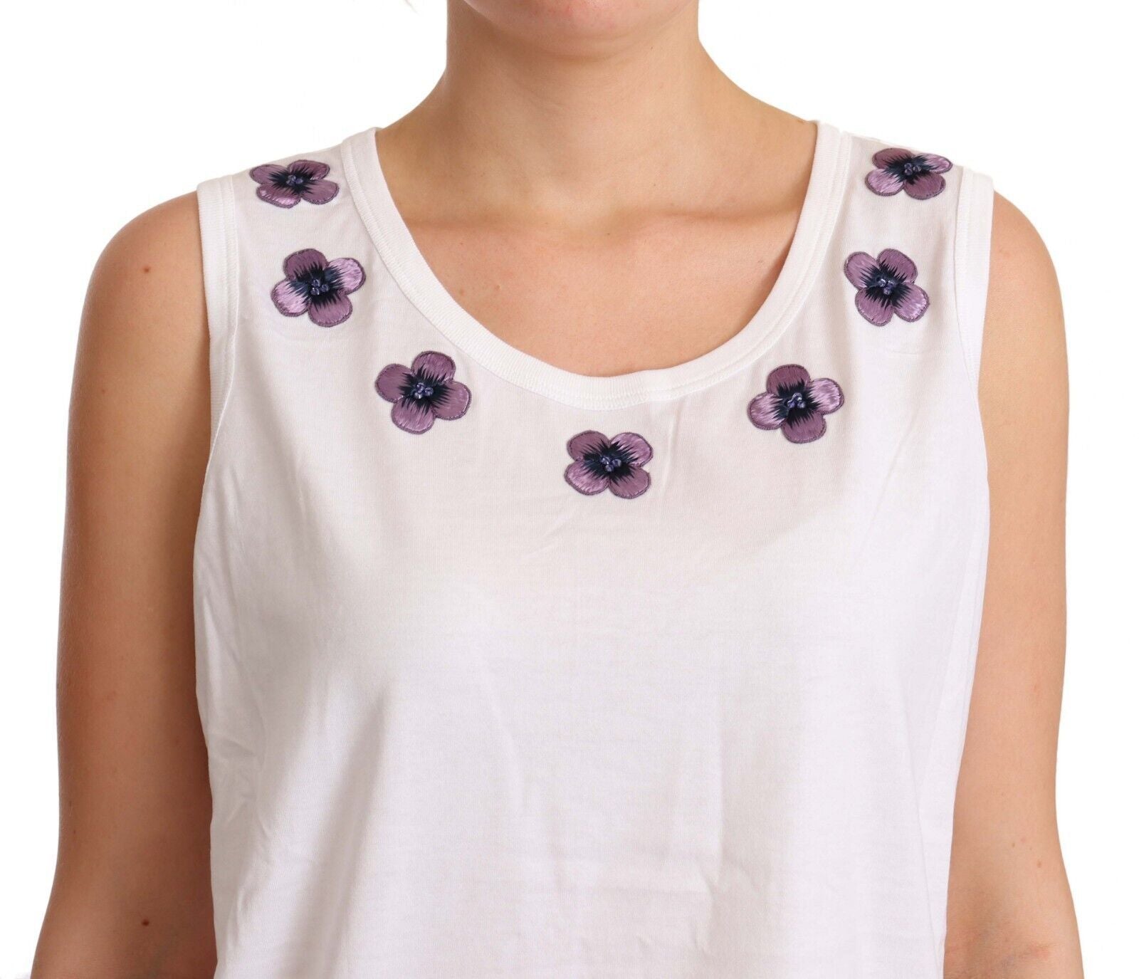 White Cotton Floral Embroidery Tank T-shirt Top