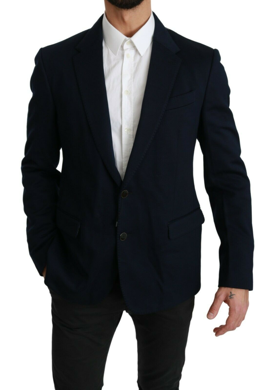 Blue Solid Cotton Silk Stretch Jacket Blazer