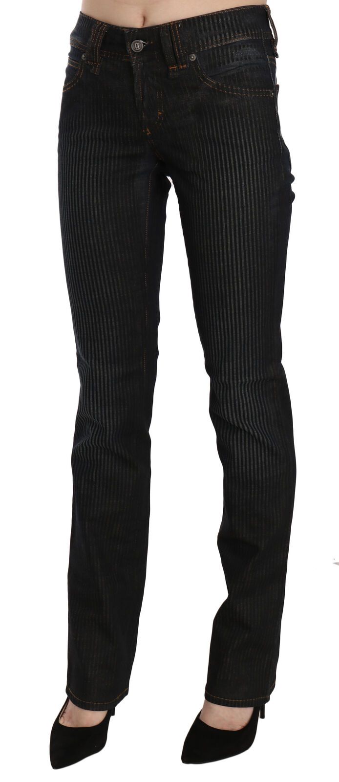 Black Mid Waist Slim Fit Corduroy Denim Casual Pants