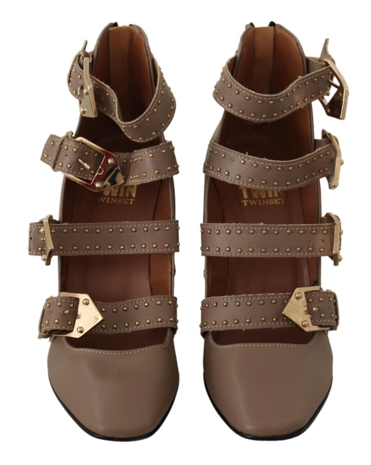 Brown Leather Block Heels Multi Buckle Pumps Shoes