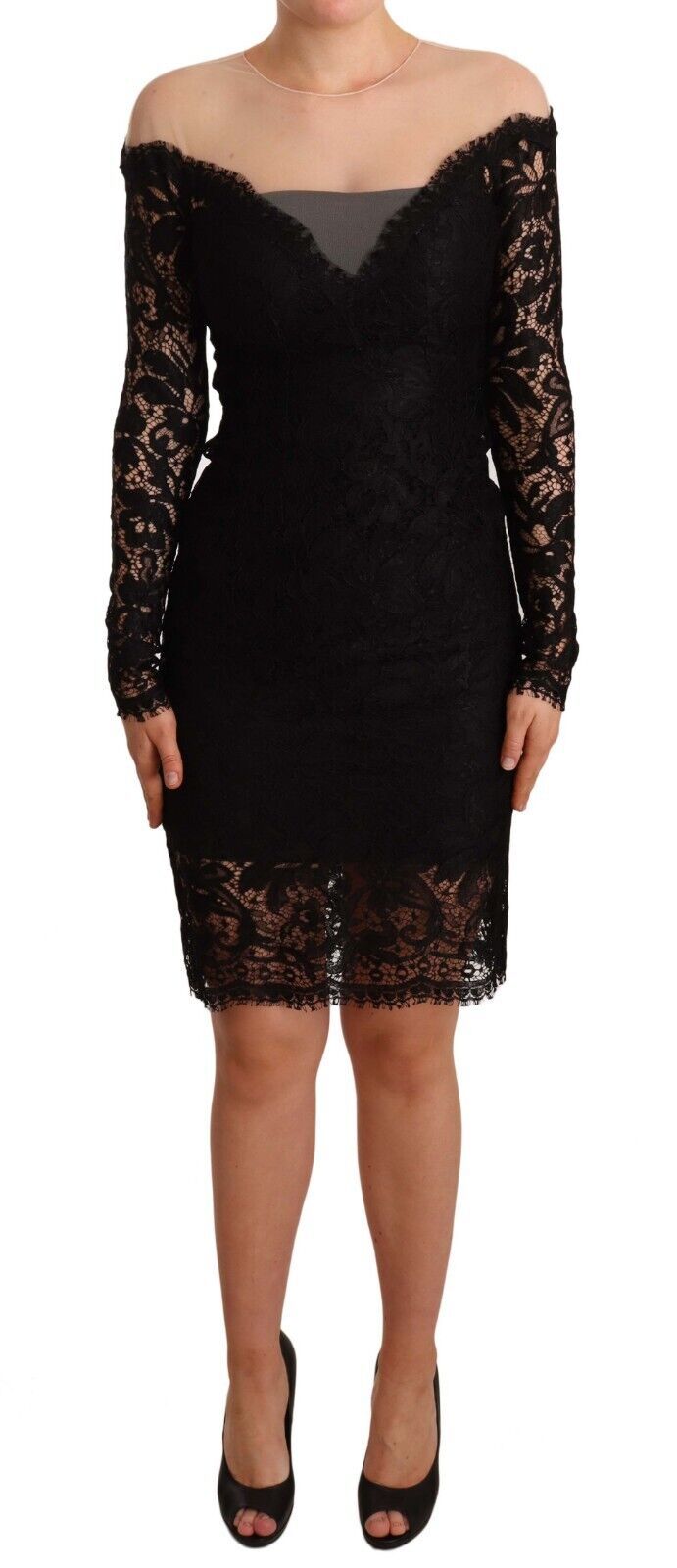 Black Lace Long Sleeves Knee Length Dress