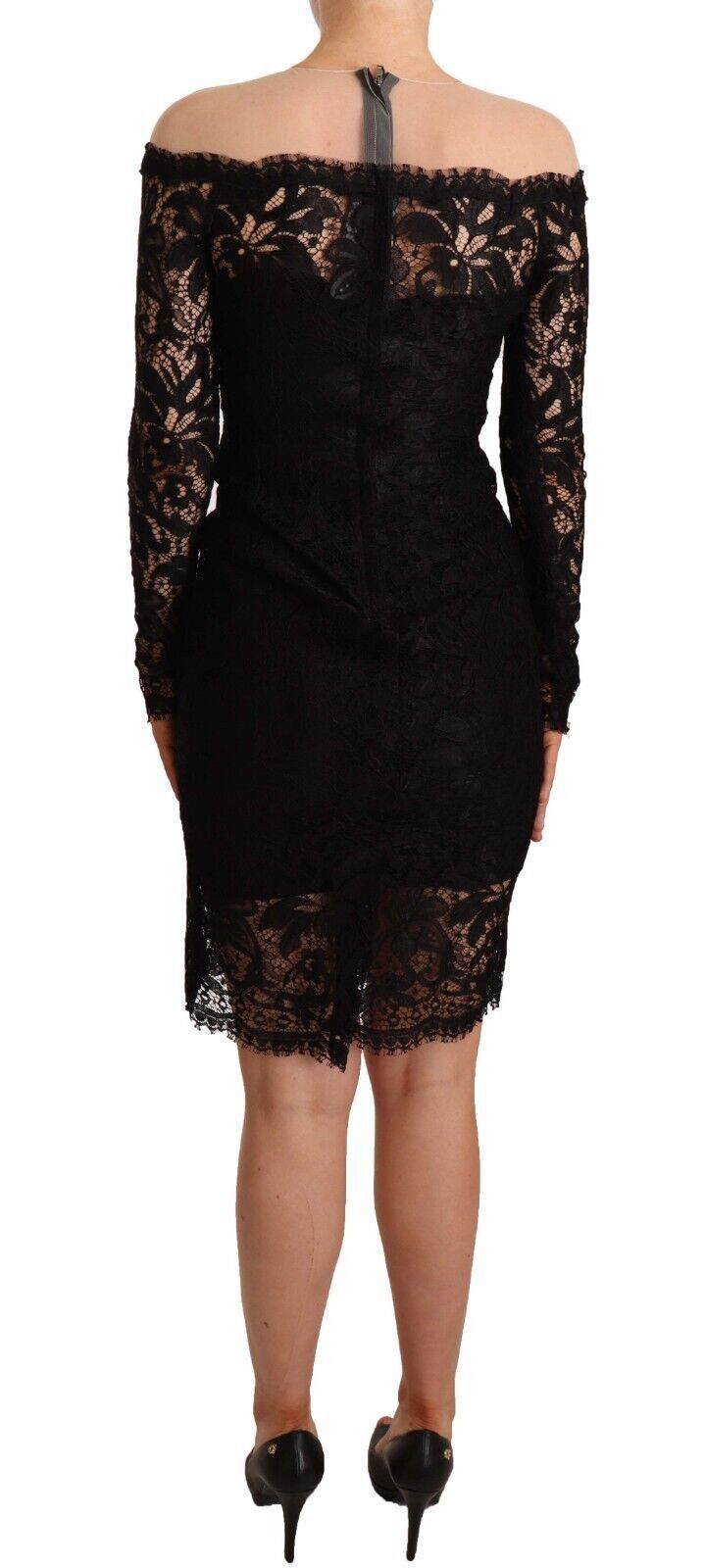 Black Lace Long Sleeves Knee Length Dress