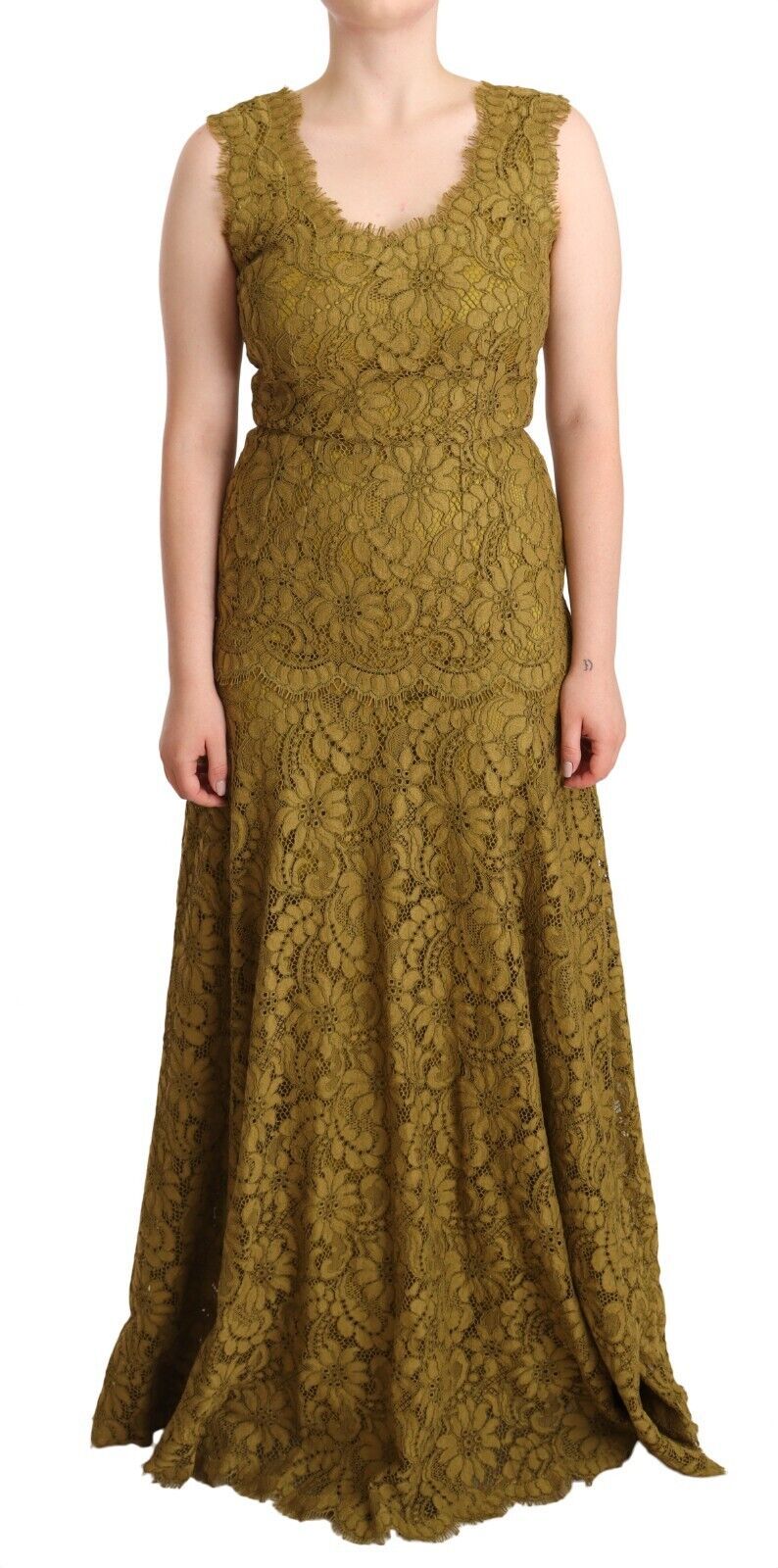 Brown Floral Lace Maxi Floor Length Dress