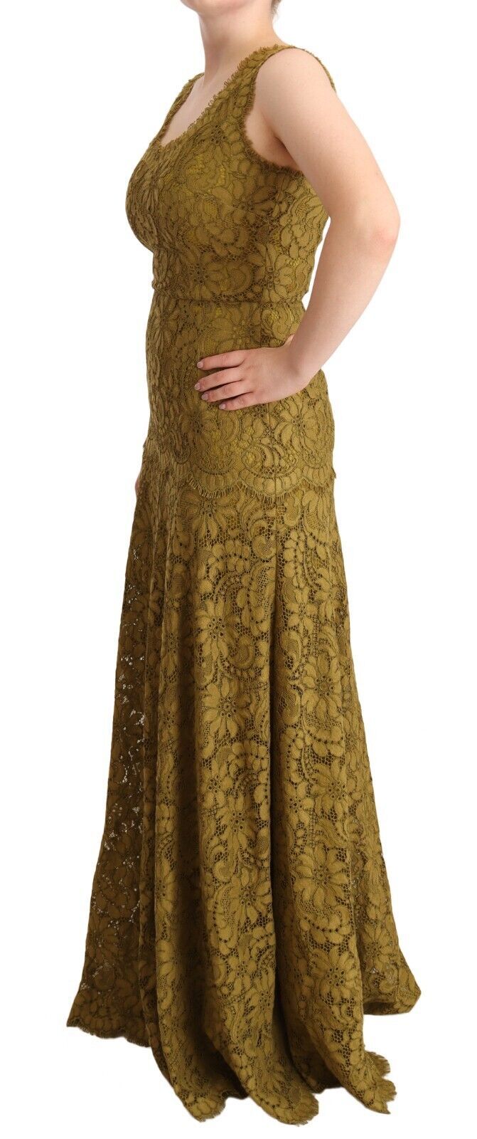 Brown Floral Lace Maxi Floor Length Dress