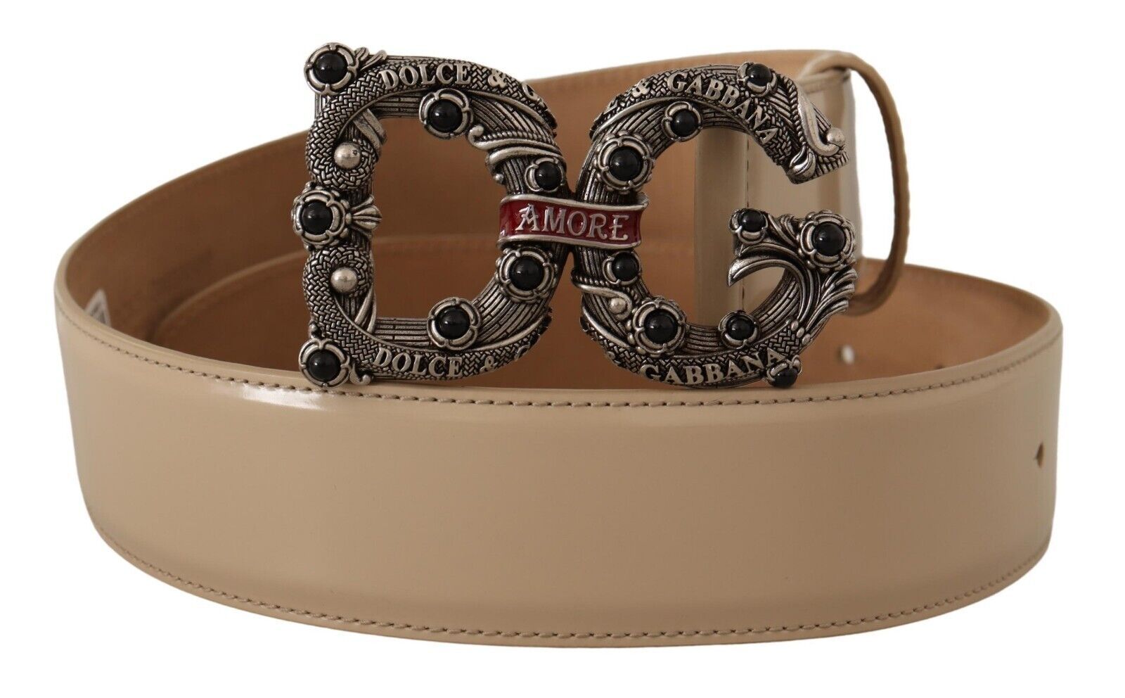 Beige Leather Silver Logo Buckle Amore Belt