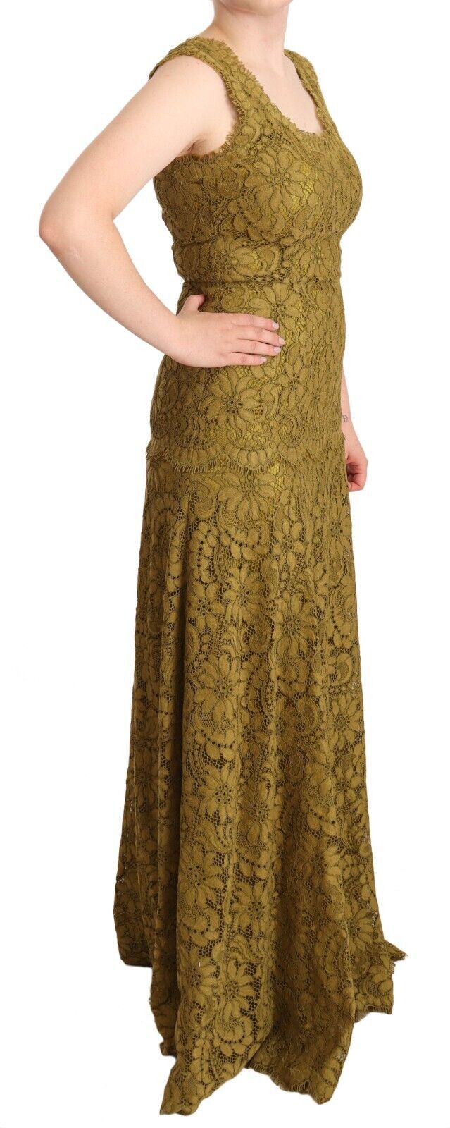 Brown Floral Lace Maxi Floor Length Dress