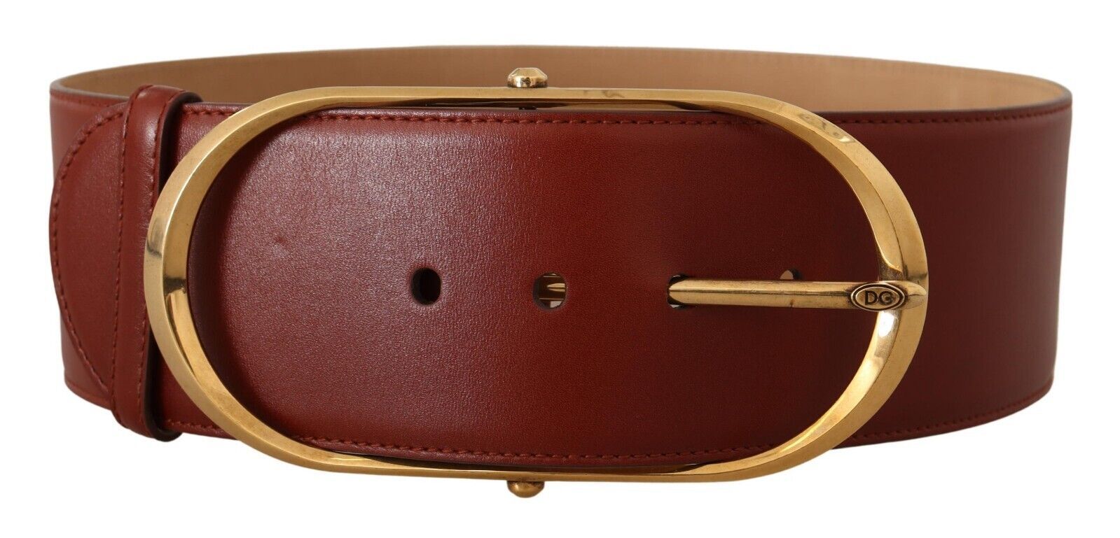 Maroon Leather Gold Metal Oval Buckle Belt