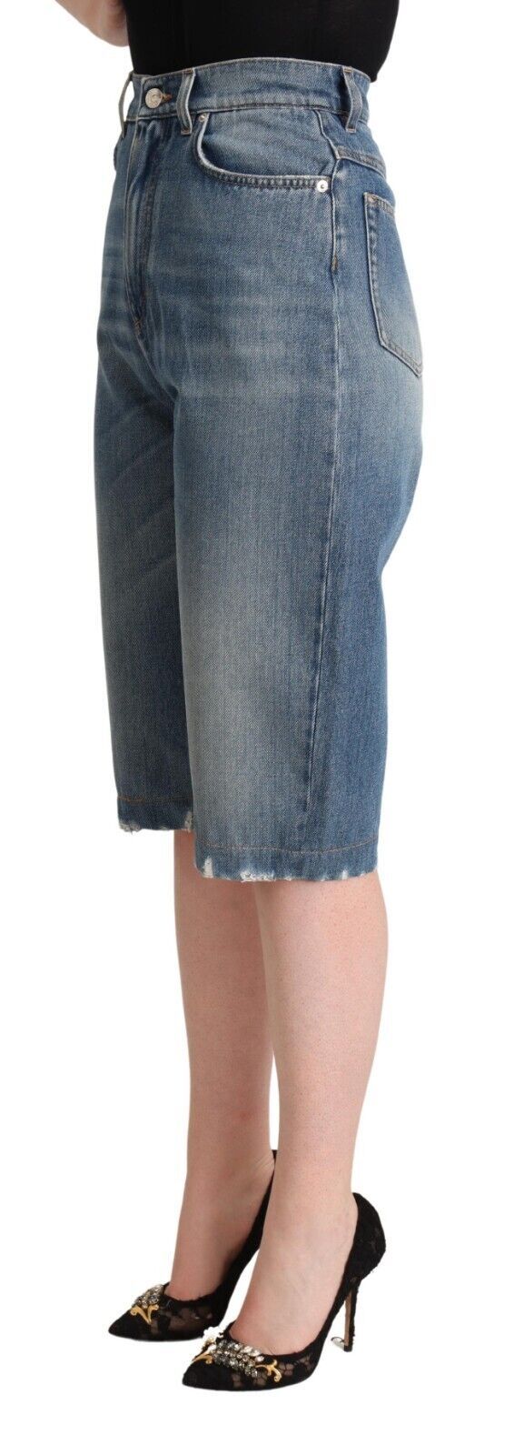 Blue Washed Cotton High Waist Denim Cropped Jeans