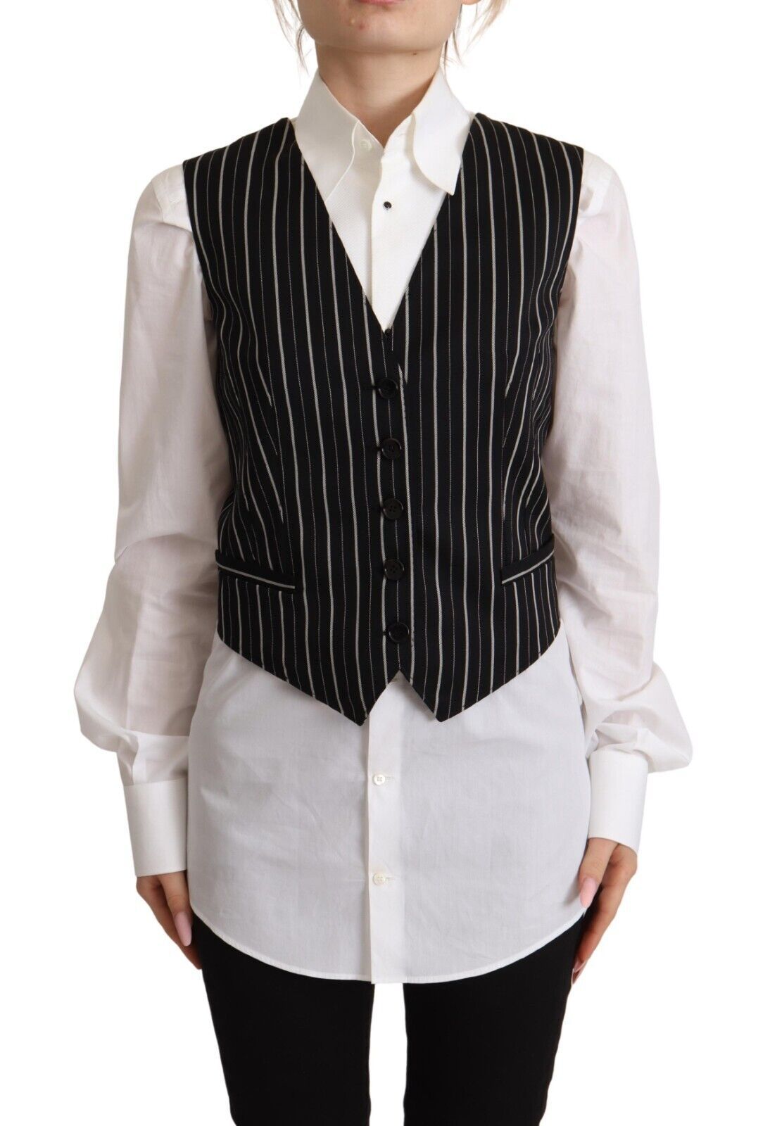 Black Stripes Wool V-neck Sleeveless Button Vest Top