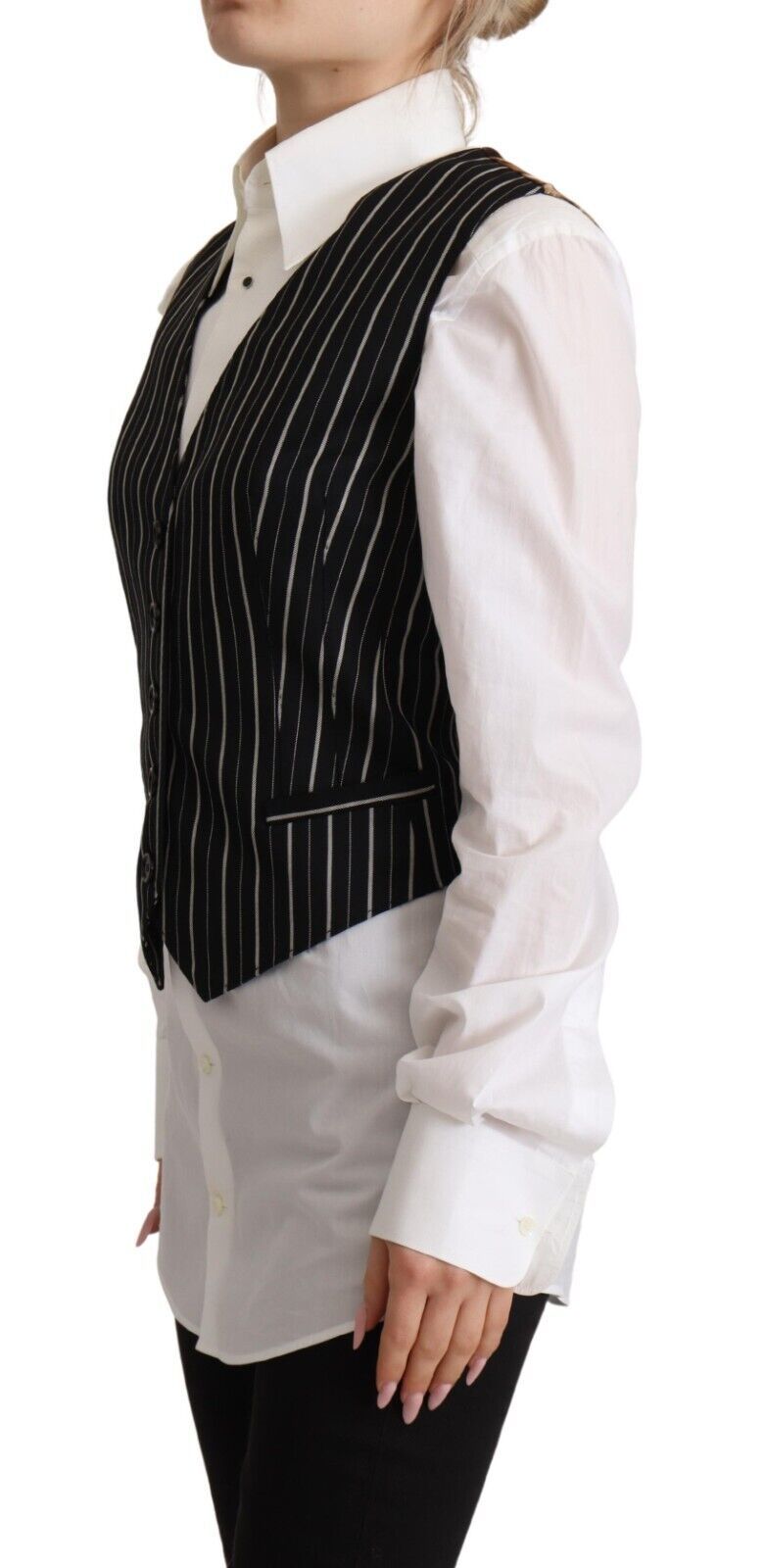 Black Stripes Wool V-neck Sleeveless Button Vest Top