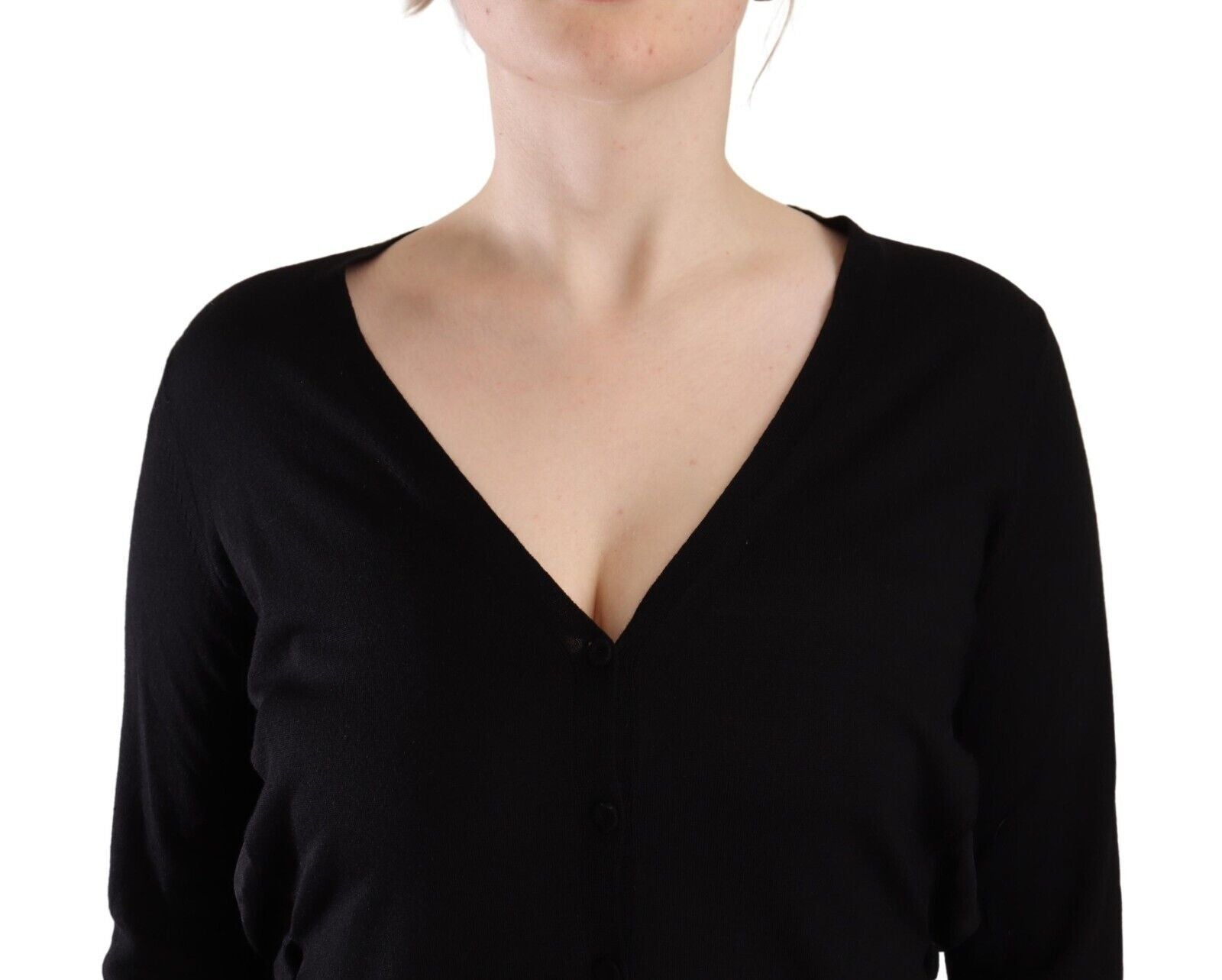 Black Wool V-neck Long Sleeves Pullover Top