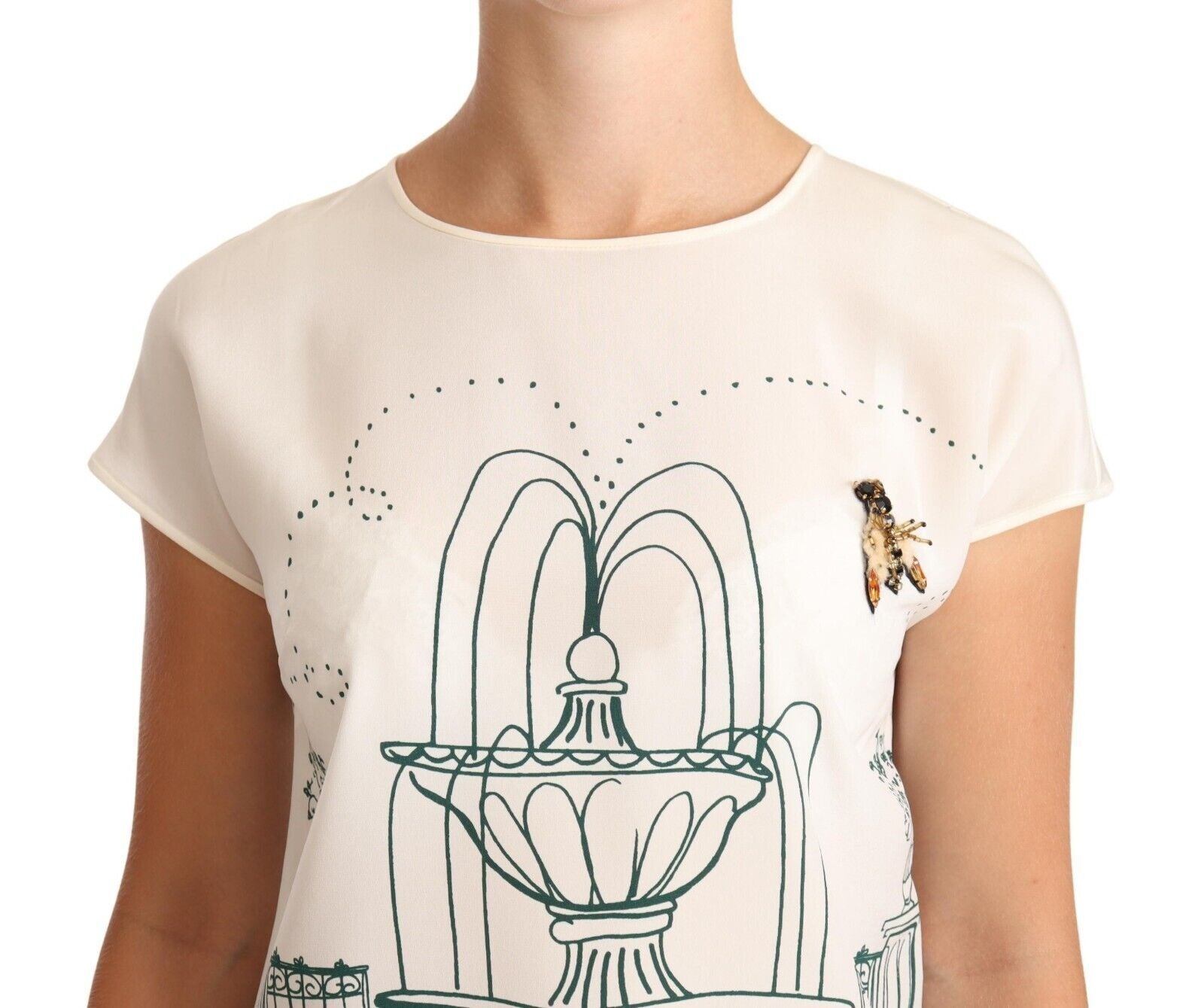 White Silk Garden Fountain T-Shirt Blouse