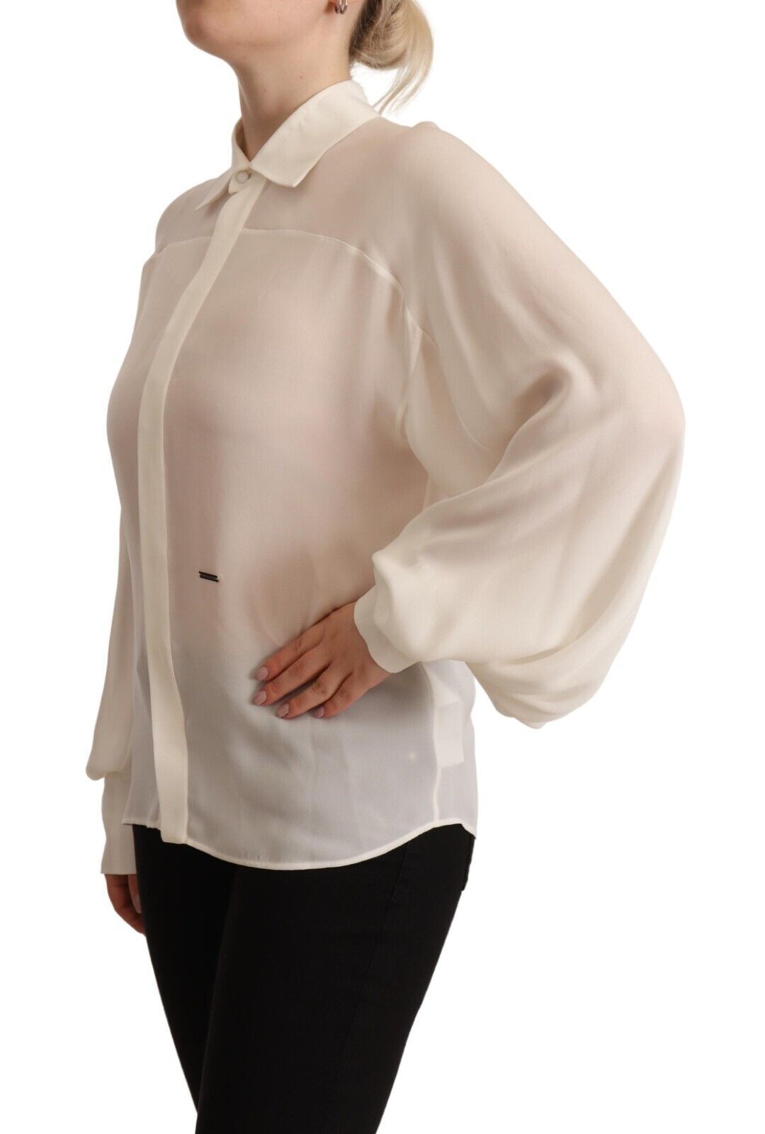 Off White Silk Long Sleeves Collared Blouse Top