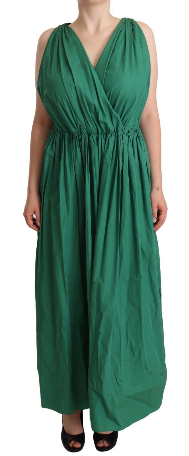 Green Cotton Sleeveless V-neck Dress