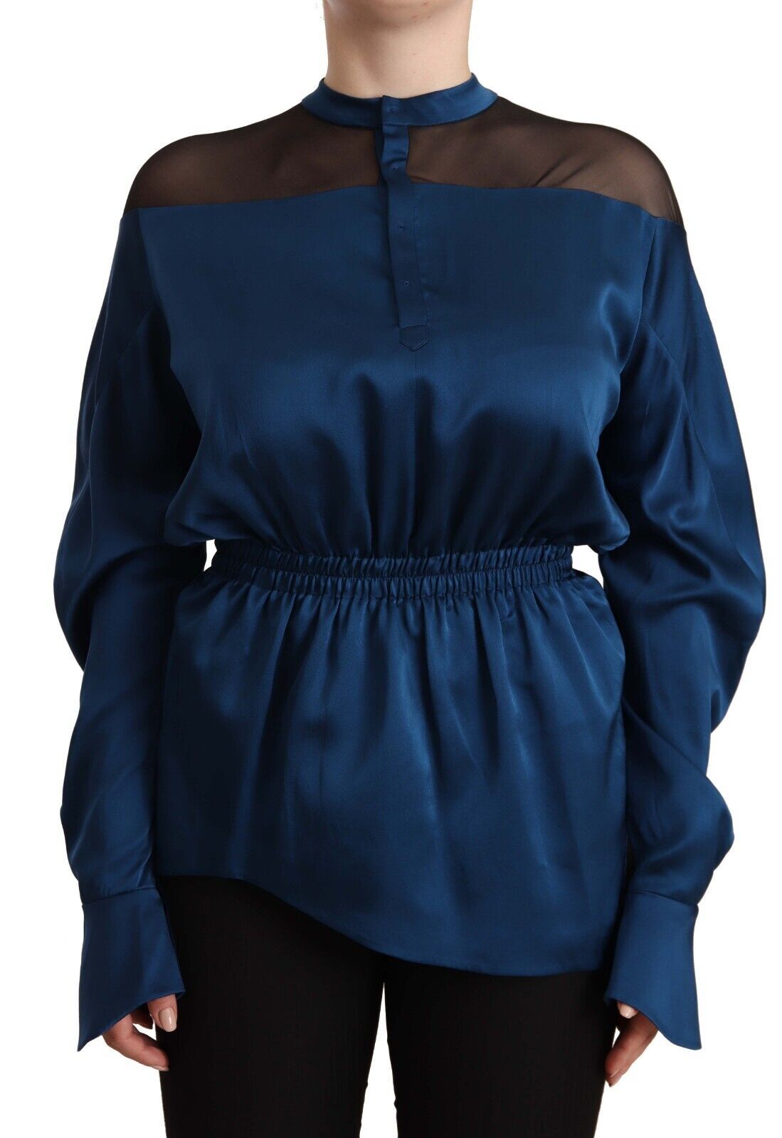 Blue Silk Long Sleeves Elastic Waist Top Blouse