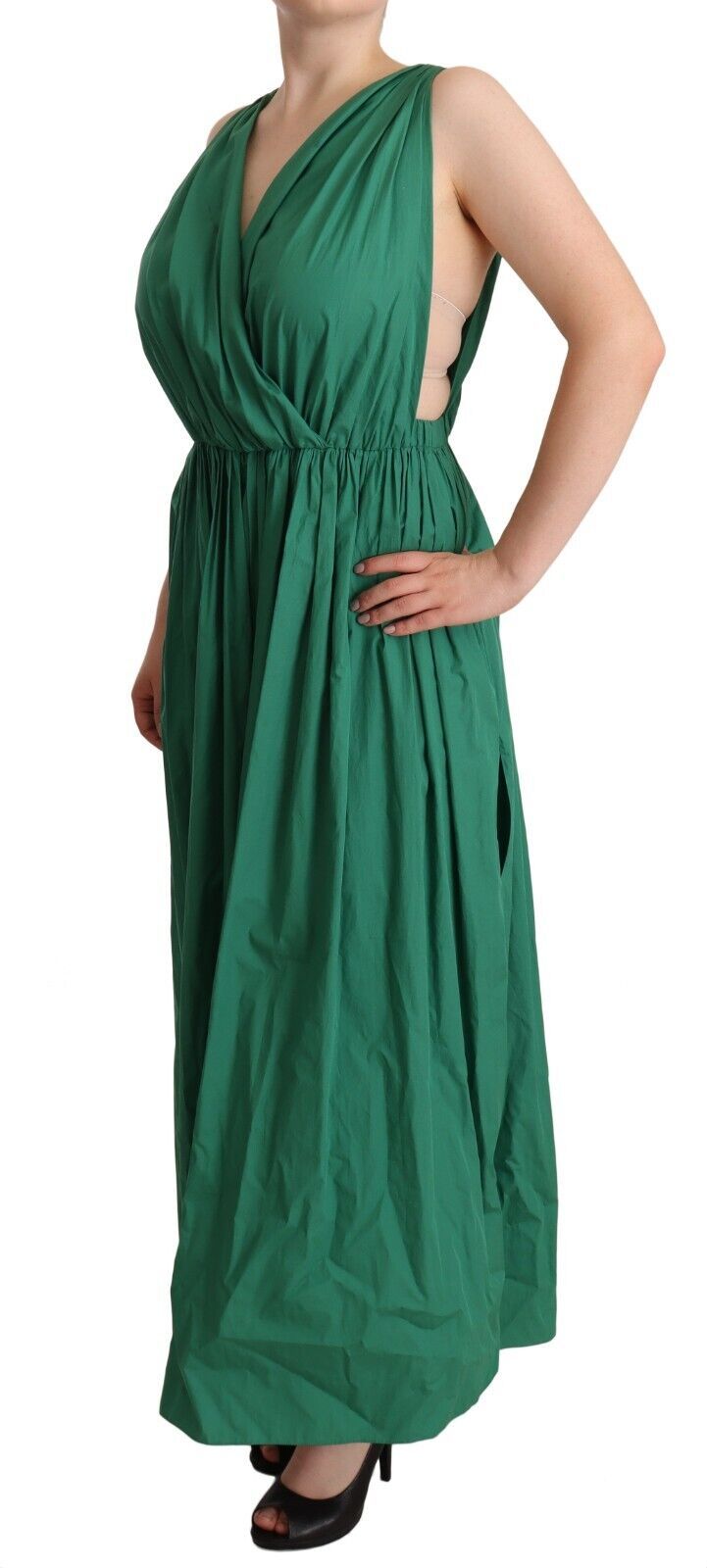 Green Cotton Sleeveless V-neck Dress