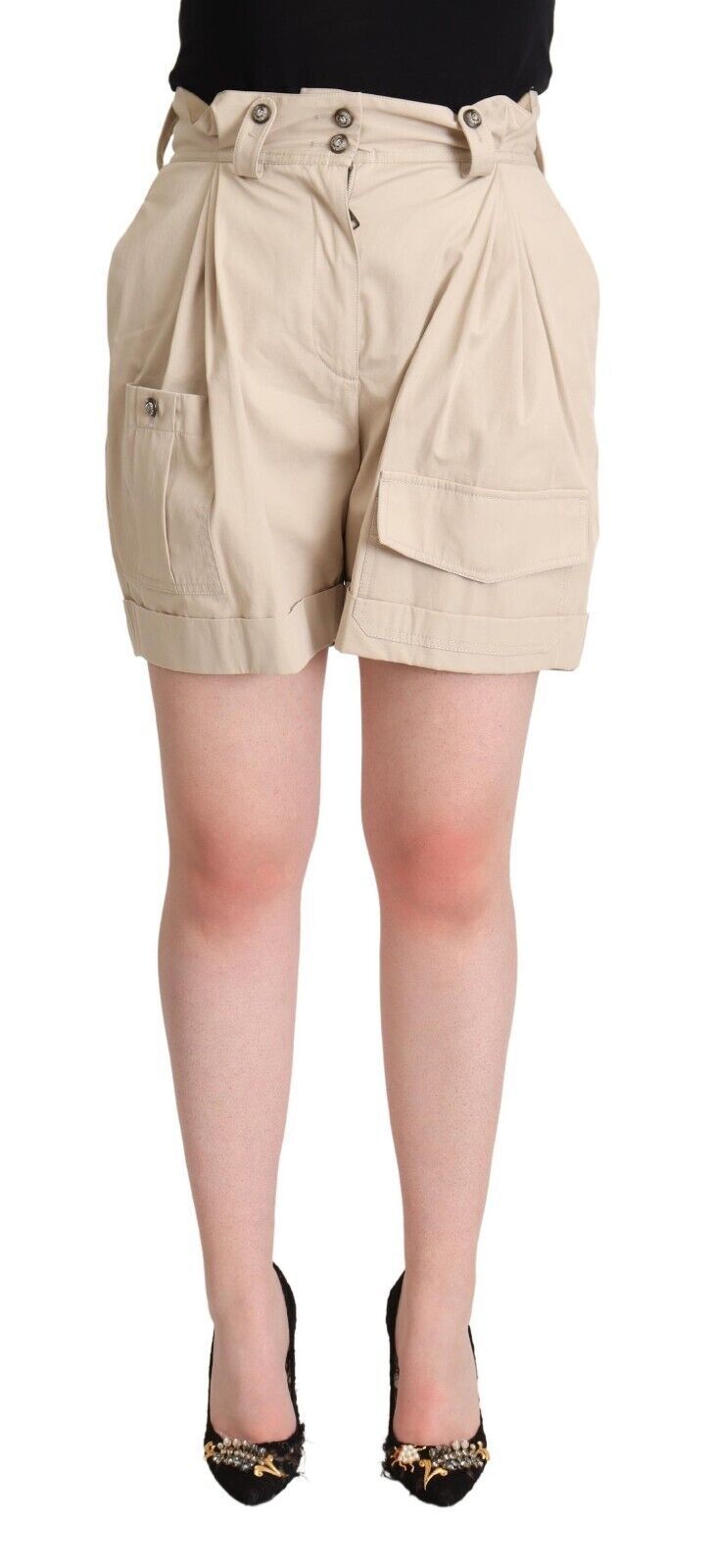 Beige Cotton High Waist Trouser Cargo Shorts