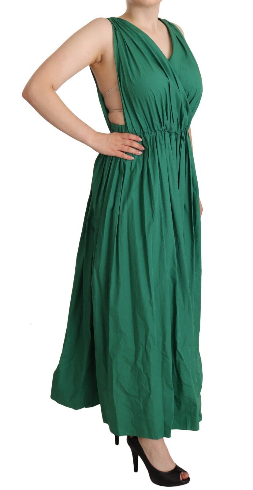 Green Cotton Sleeveless V-neck Dress