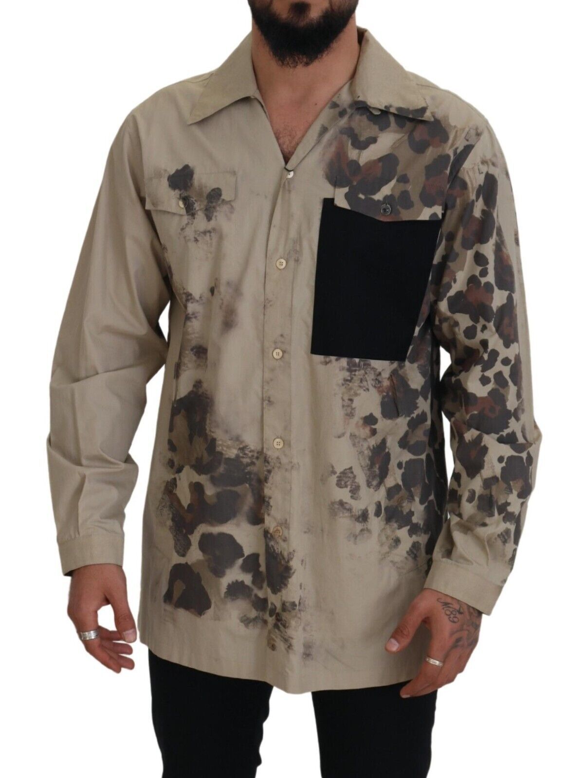 Beige Camouflage Cotton Long Sleeves Shirt