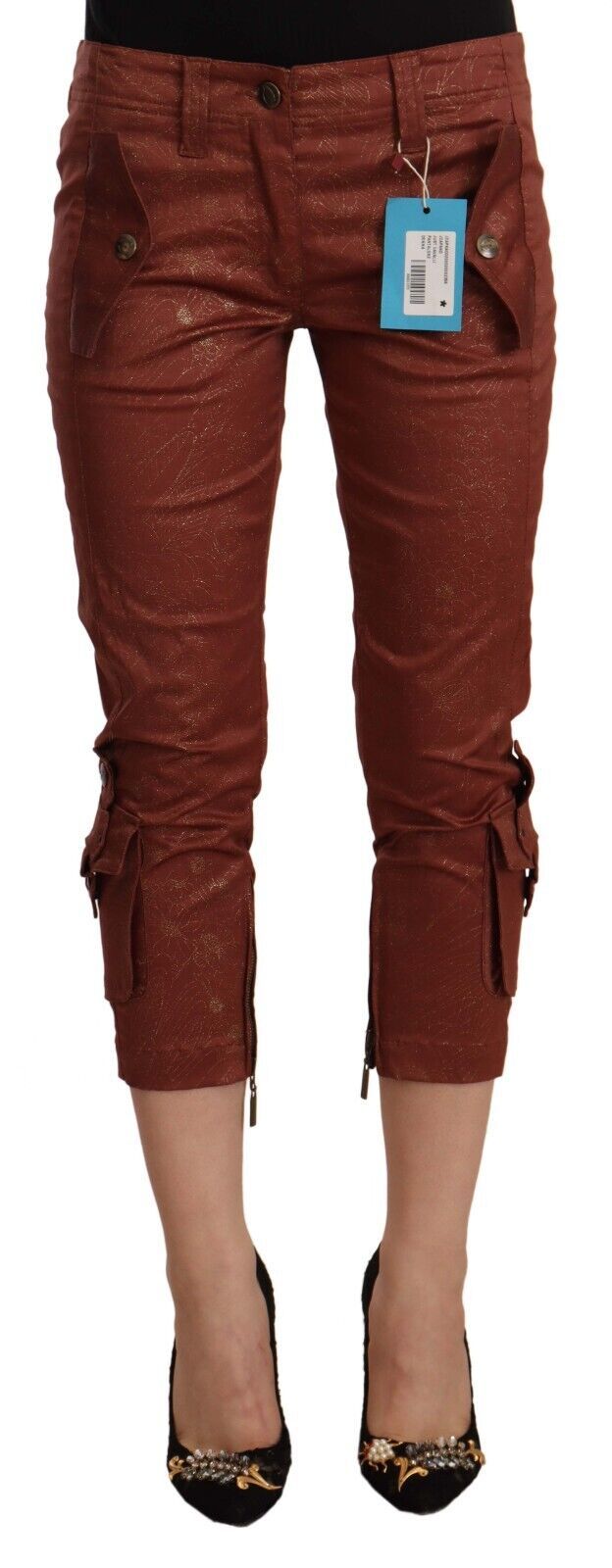 Brown Lurex Mid Waist Cotton Cropped Capri Pants