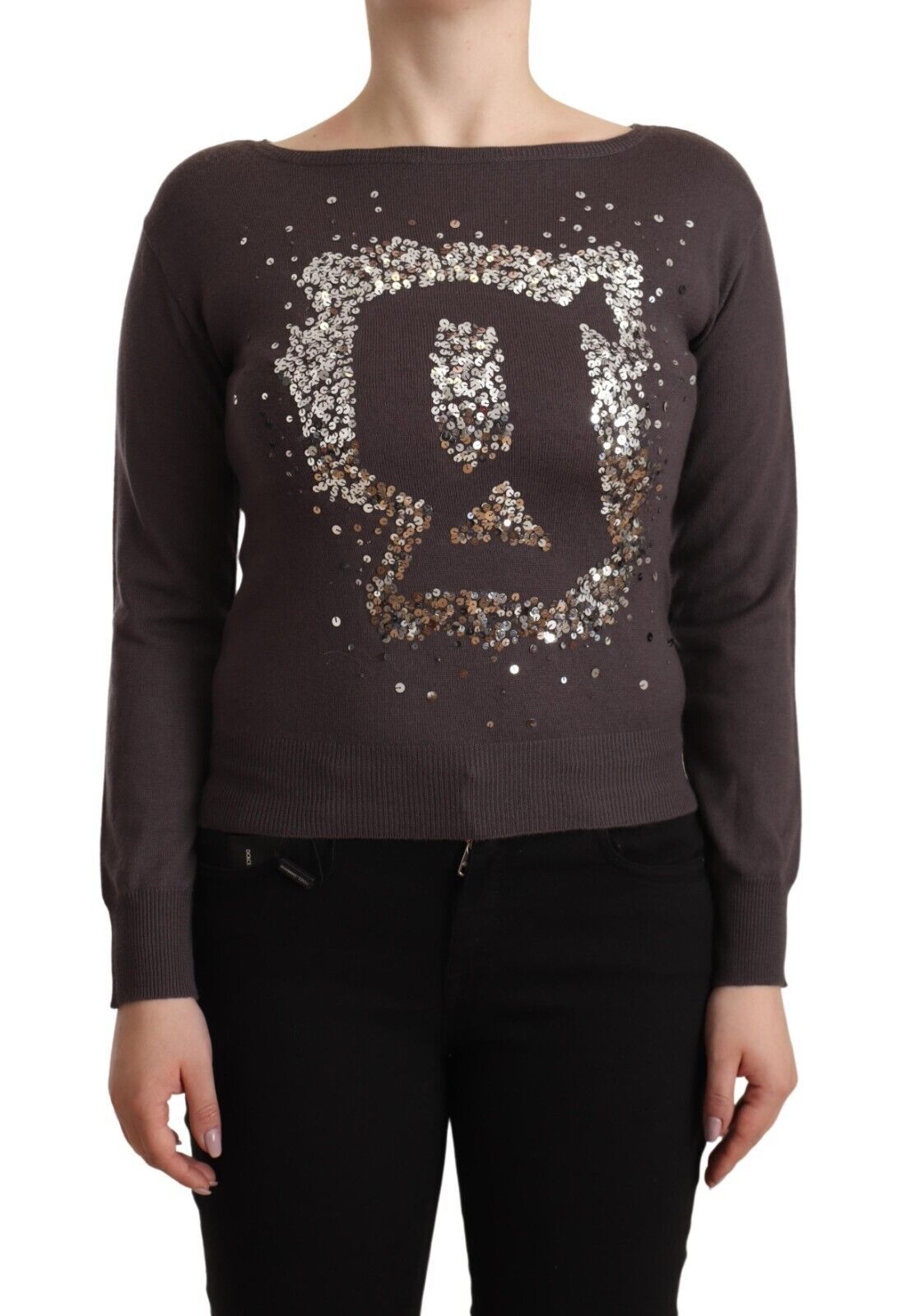 Brown Wool Sequined Long Sleeves Pullover Sweater