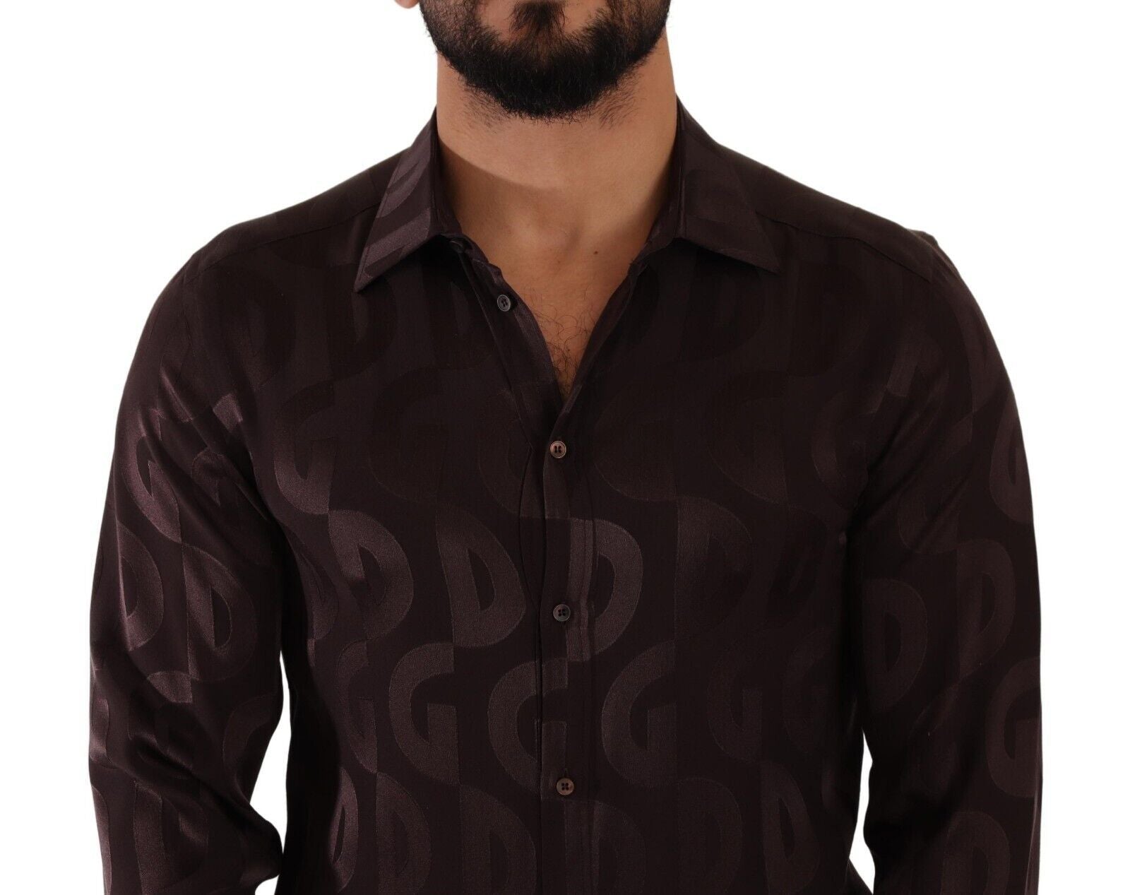 Dolce & Gabbana Bordeaux GOLD Logo Silk Slim Fit Mens Shirt