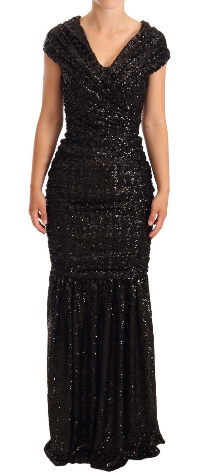 Black Sequined Open Shoulder Long Gown Dress