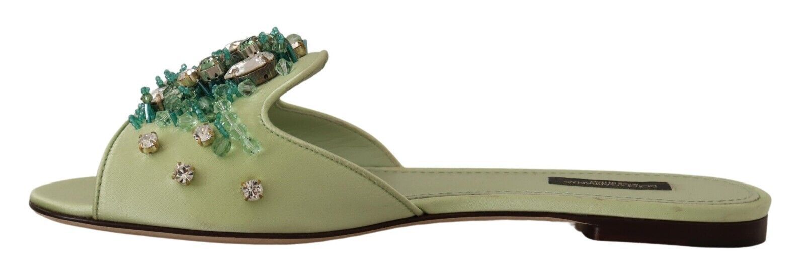 Green Leather Crystals Slides Women Flats Shoes