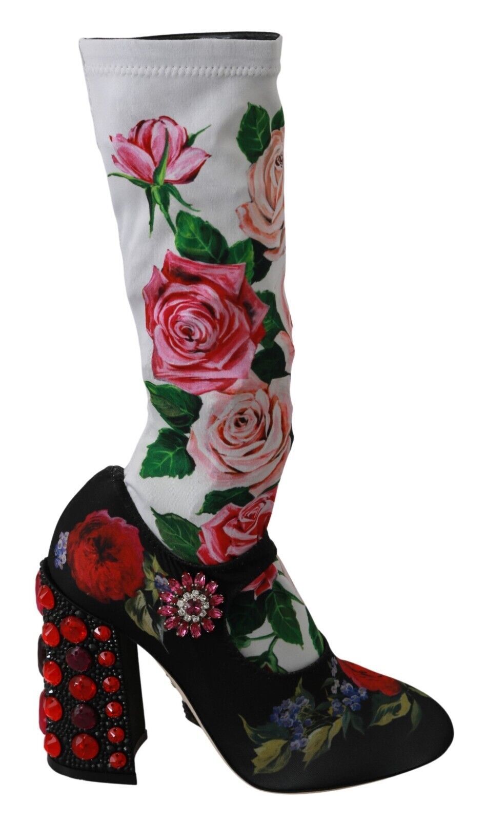 Black Floral Socks Crystal Jersey Boots Shoes