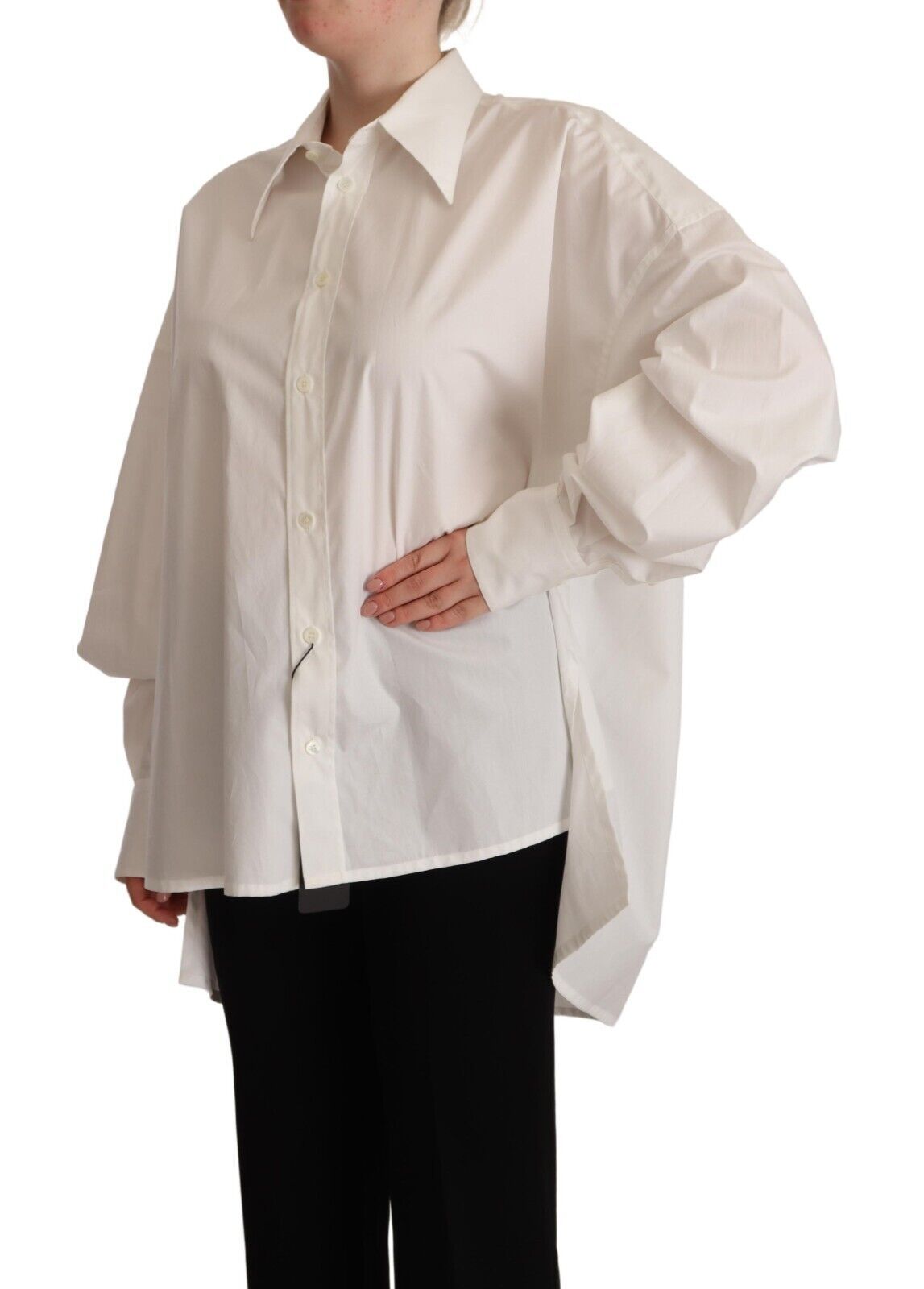 White Cotton Button Up Collared Long Sleeve Top