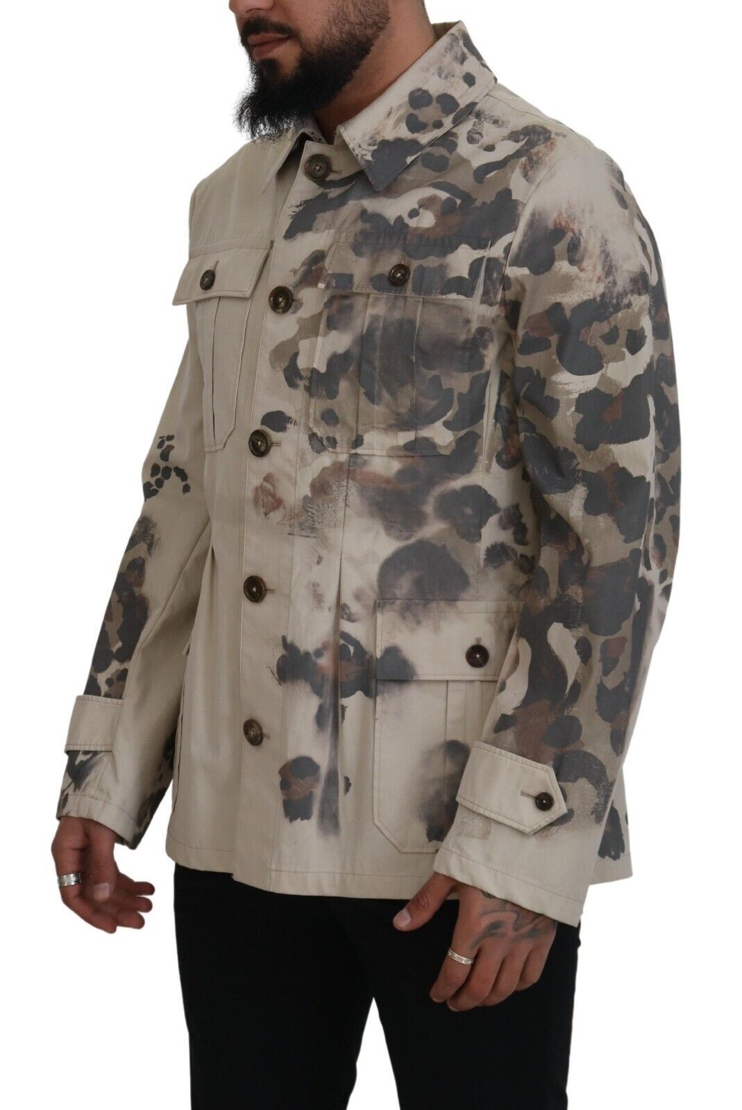 Beige Camouflage Cotton Long Sleeves Casual Shirt