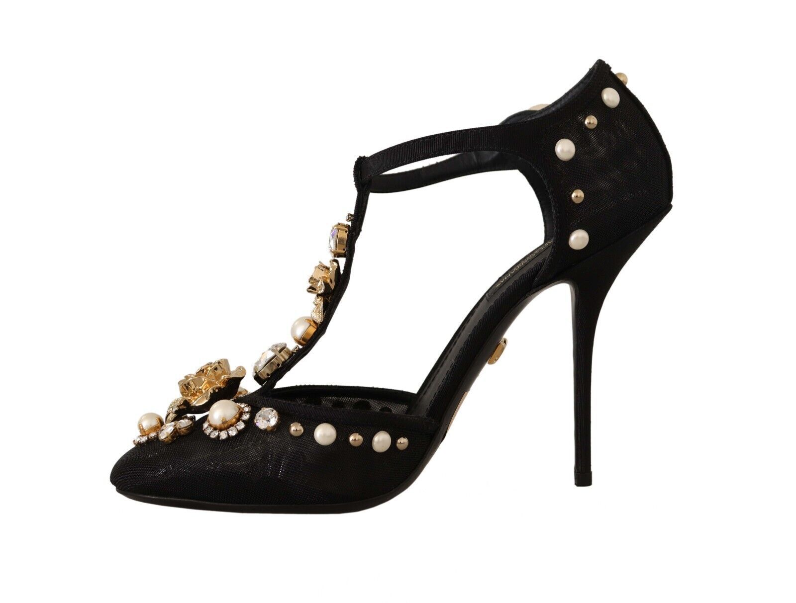 Black Faux Pearl Crystal Vally Heels Sandals Shoes