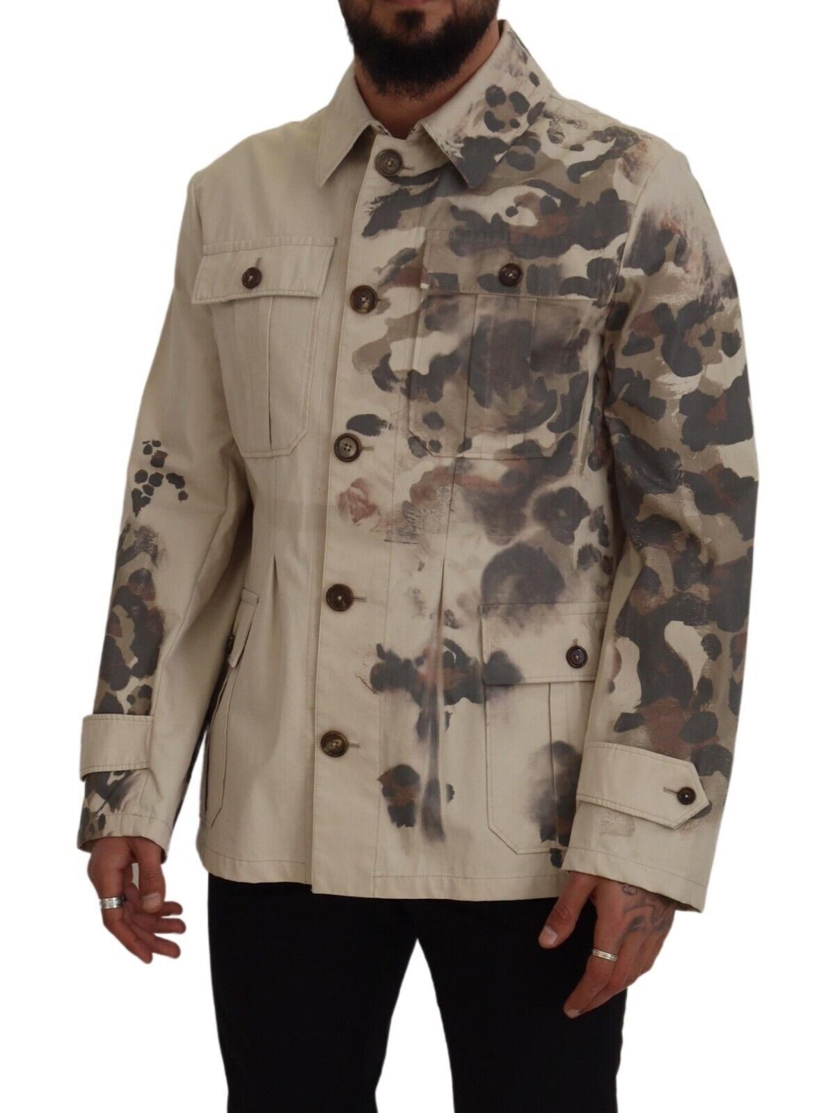 Beige Camouflage Cotton Long Sleeves Casual Shirt