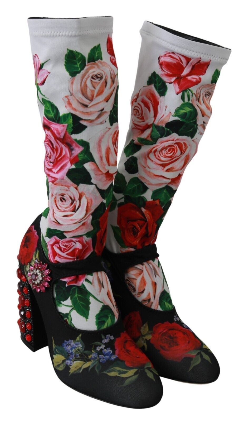 Black Floral Socks Crystal Jersey Boots Shoes