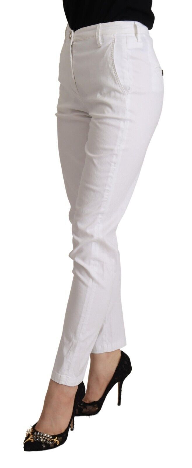 White Mid Waist Lyocell Skinny Cropped Pants